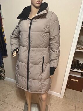DKNY Long Quilted Puffer Coat in Taupe with Black Lining